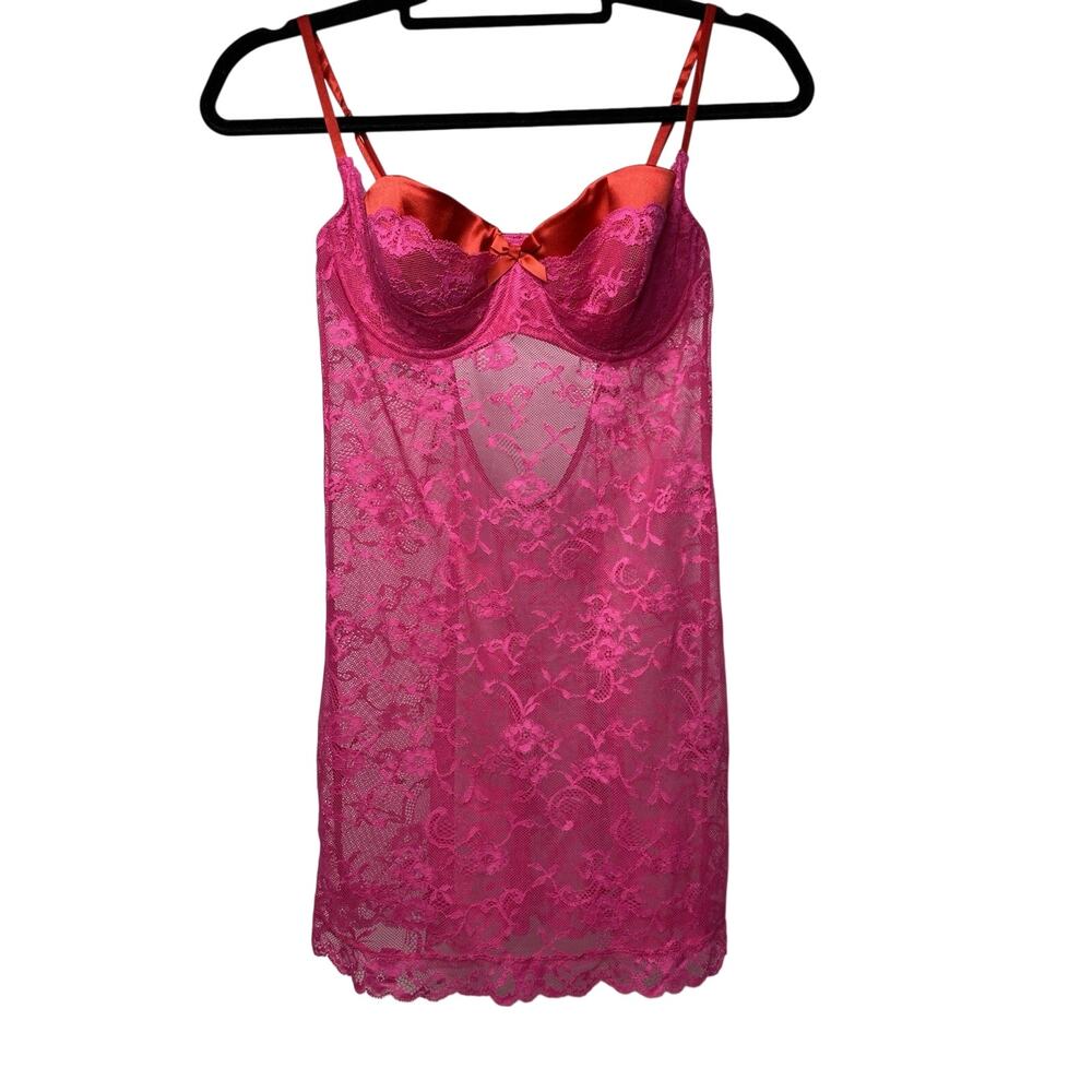 Victoria's Secret Sheer Lace Slip Dress Women's 36C Pink Red Floral Underwire